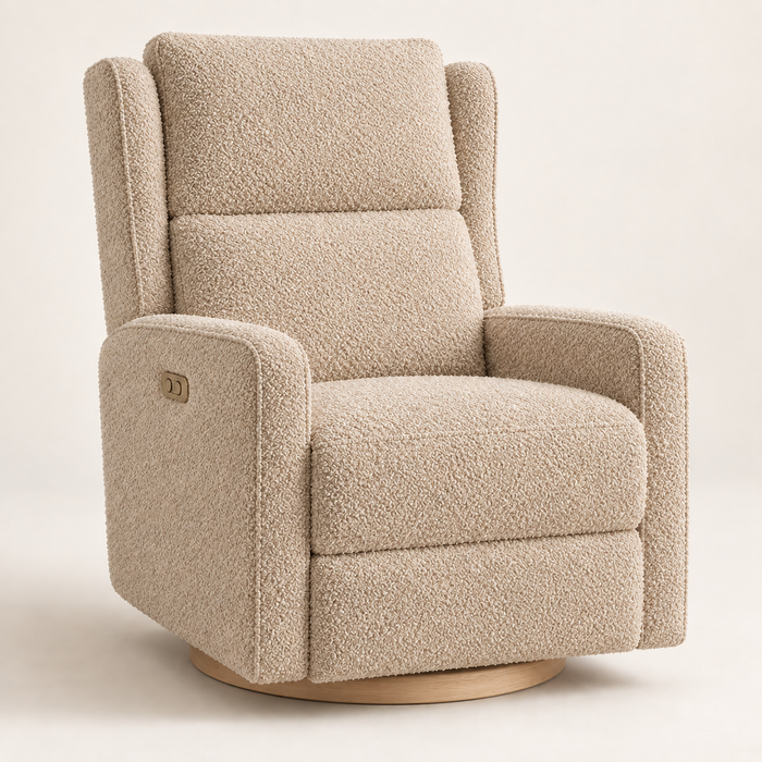 Kiwi Luxe recliner in Almond Teddy Loop with Light Wood Base