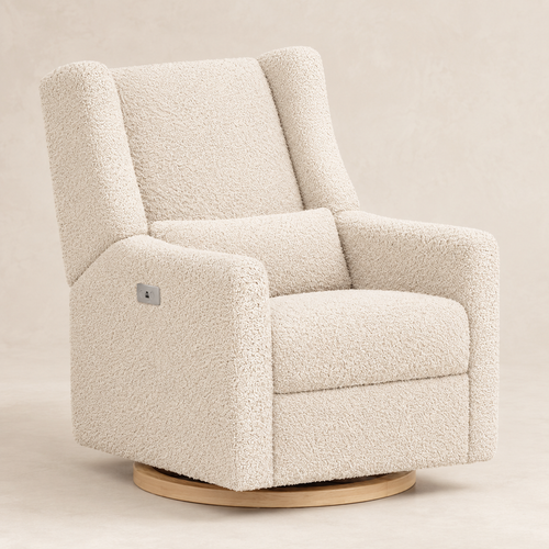 Kiwi Luxe ivory bouclé recliner with light wood swivel base