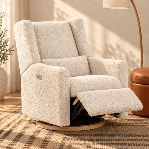 Kiwi Luxe ivory bouclé recliner with footrest extended