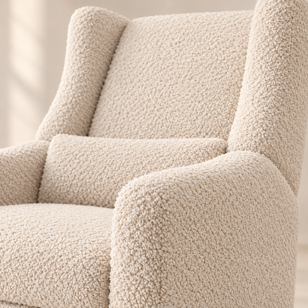 Close view of Kiwi Luxe ivory bouclé upholstery