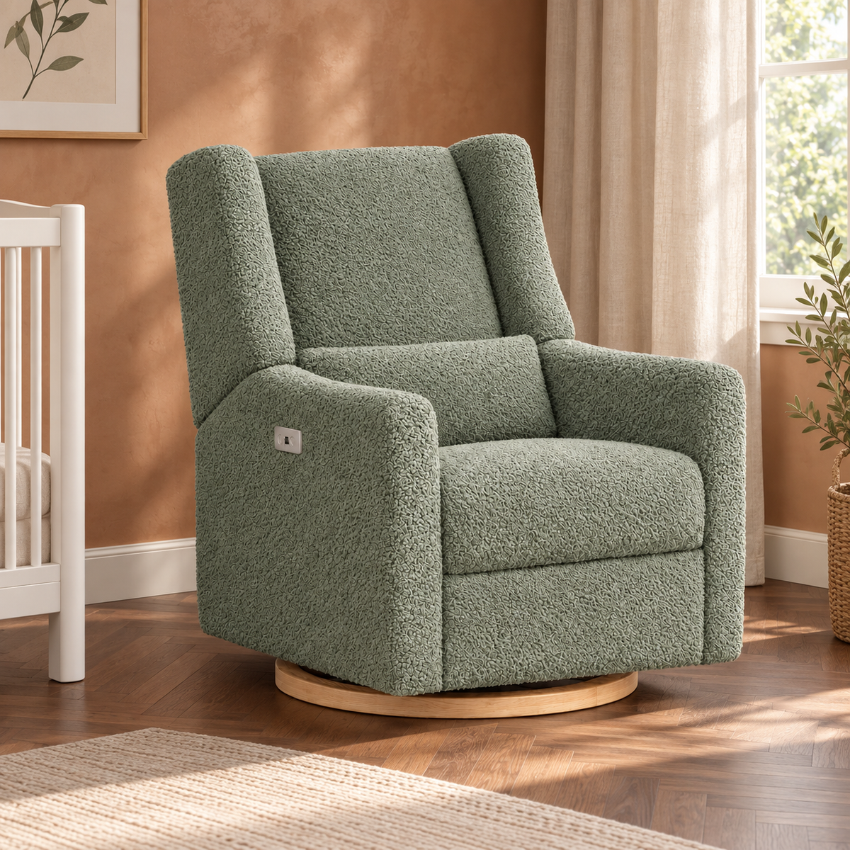 Kiwi Luxe sage bouclé recliner in a warm nursery