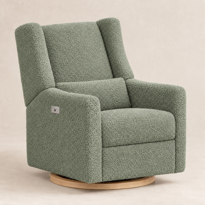 Kiwi Luxe sage bouclé recliner with light wood swivel base