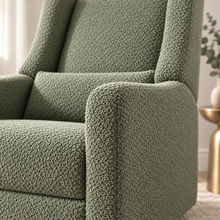 Close view of Kiwi Luxe sage bouclé upholstery