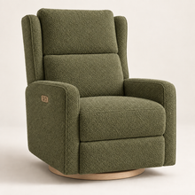 Kiwi Luxe recliner in Olive Bouclé with Light Wood Base