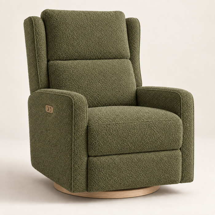 Kiwi Luxe recliner in Olive Bouclé with Light Wood Base